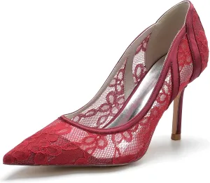 ADMLZQQ Women's Classic Low Heels Dress Pumps 3 Inch Kitten Heel Pointed Toe Lace Mesh Satin Office Bridal Wedding Shoes