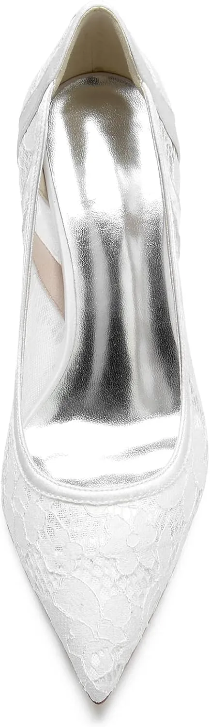 ADMLZQQ Women's Classic Low Heels Dress Pumps 3 Inch Kitten Heel Pointed Toe Lace Mesh Satin Office Bridal Wedding Shoes