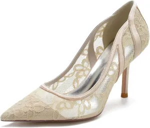 ADMLZQQ Women's Classic Low Heels Dress Pumps 3 Inch Kitten Heel Pointed Toe Lace Mesh Satin Office Bridal Wedding Shoes