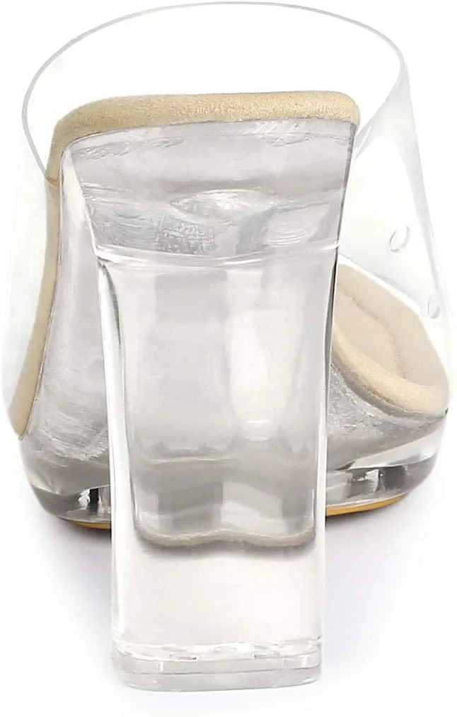 Allegra K Women's Clear Heel Platform Open Toe Chunky Heels Slides Sandals