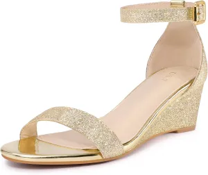 Allegra K Women's Glitter Open Toe Ankle Strap Wedge Heel Sandals
