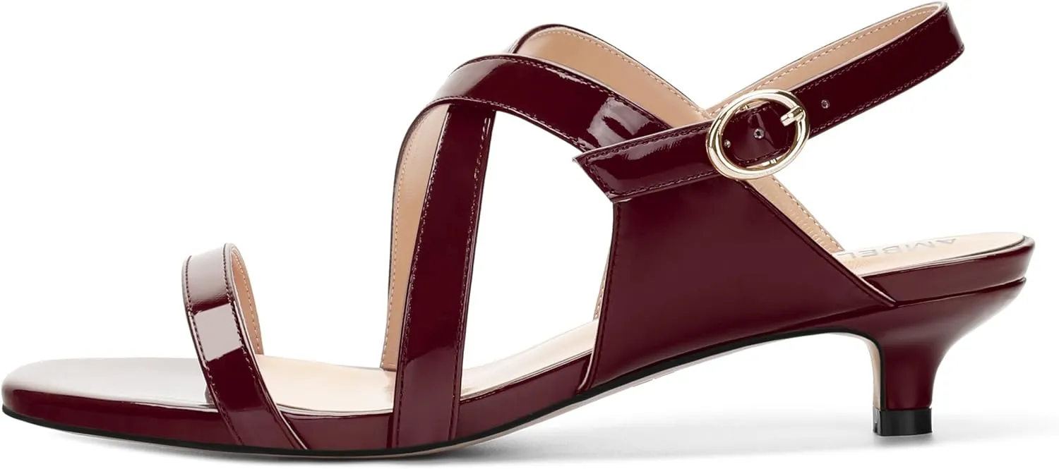 AMBELIGHT Womens Round Toe Cute Patent Open Slingback Party Buckle Kitten Low Heel Heeled Sandals 1.5 Inch