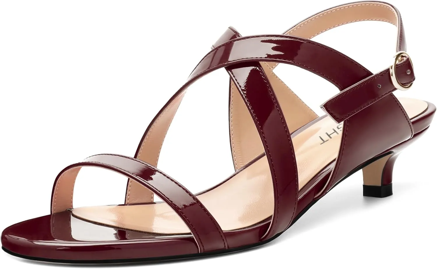 AMBELIGHT Womens Round Toe Cute Patent Open Slingback Party Buckle Kitten Low Heel Heeled Sandals 1.5 Inch