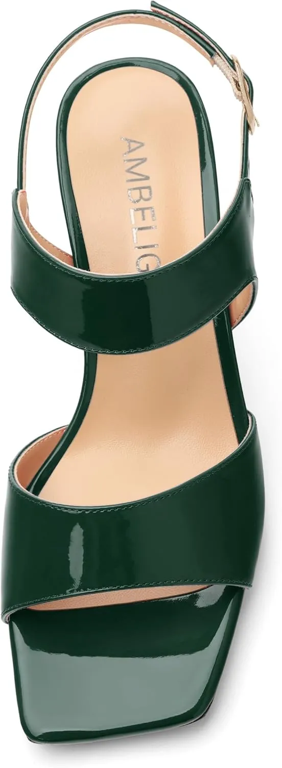 AMBELIGHT Women's Summer Square Open Toe Chunky Mid Heeled Sandals Ankle Buckle Slingback Patent Block Heels For Daily Wear Comfortable Dressy Wedding Vacation Shoes For Women