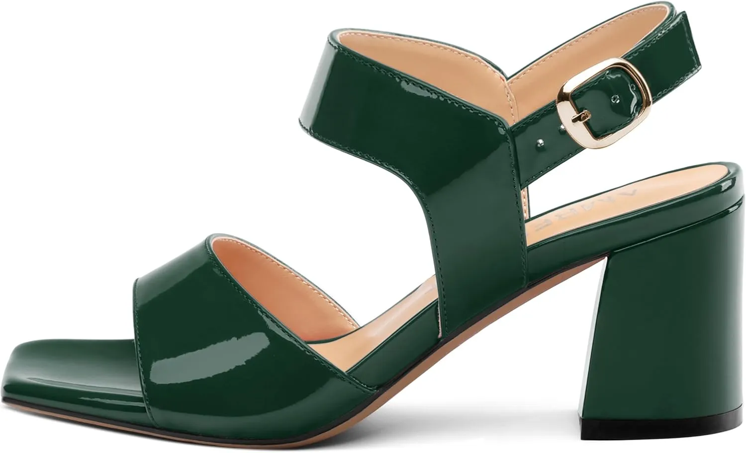 AMBELIGHT Women's Summer Square Open Toe Chunky Mid Heeled Sandals Ankle Buckle Slingback Patent Block Heels For Daily Wear Comfortable Dressy Wedding Vacation Shoes For Women