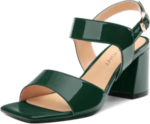 AMBELIGHT Women's Summer Square Open Toe Chunky Mid Heeled Sandals Ankle Buckle Slingback Patent Block Heels For Daily Wear Comfortable Dressy Wedding Vacation Shoes For Women