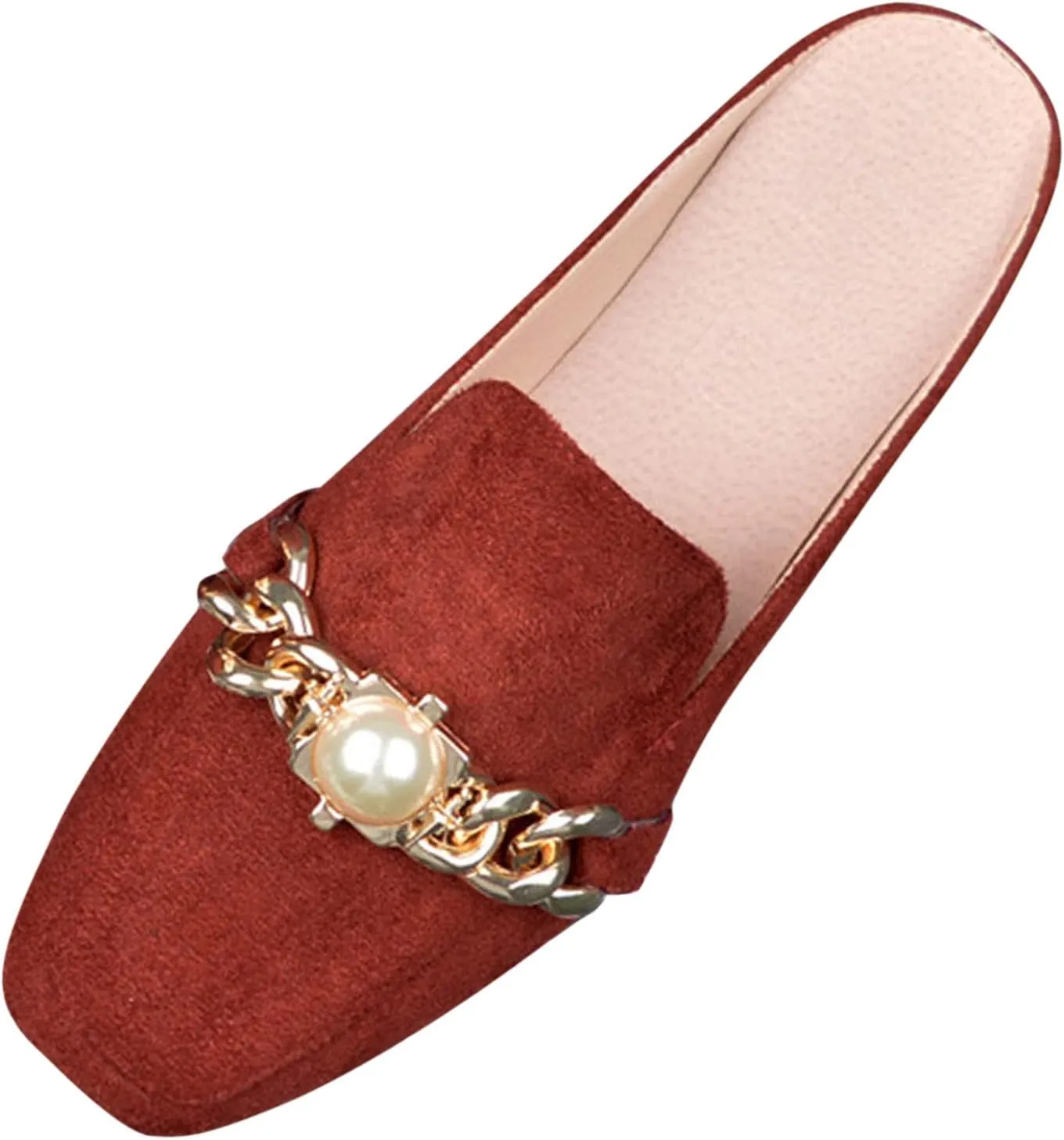 AMDBEL Flats Shoes Women Dressy Comfortable Womens Mules Backless Loafers with Metal Chain Decor Gem Pearl Slip On Flat Shoes