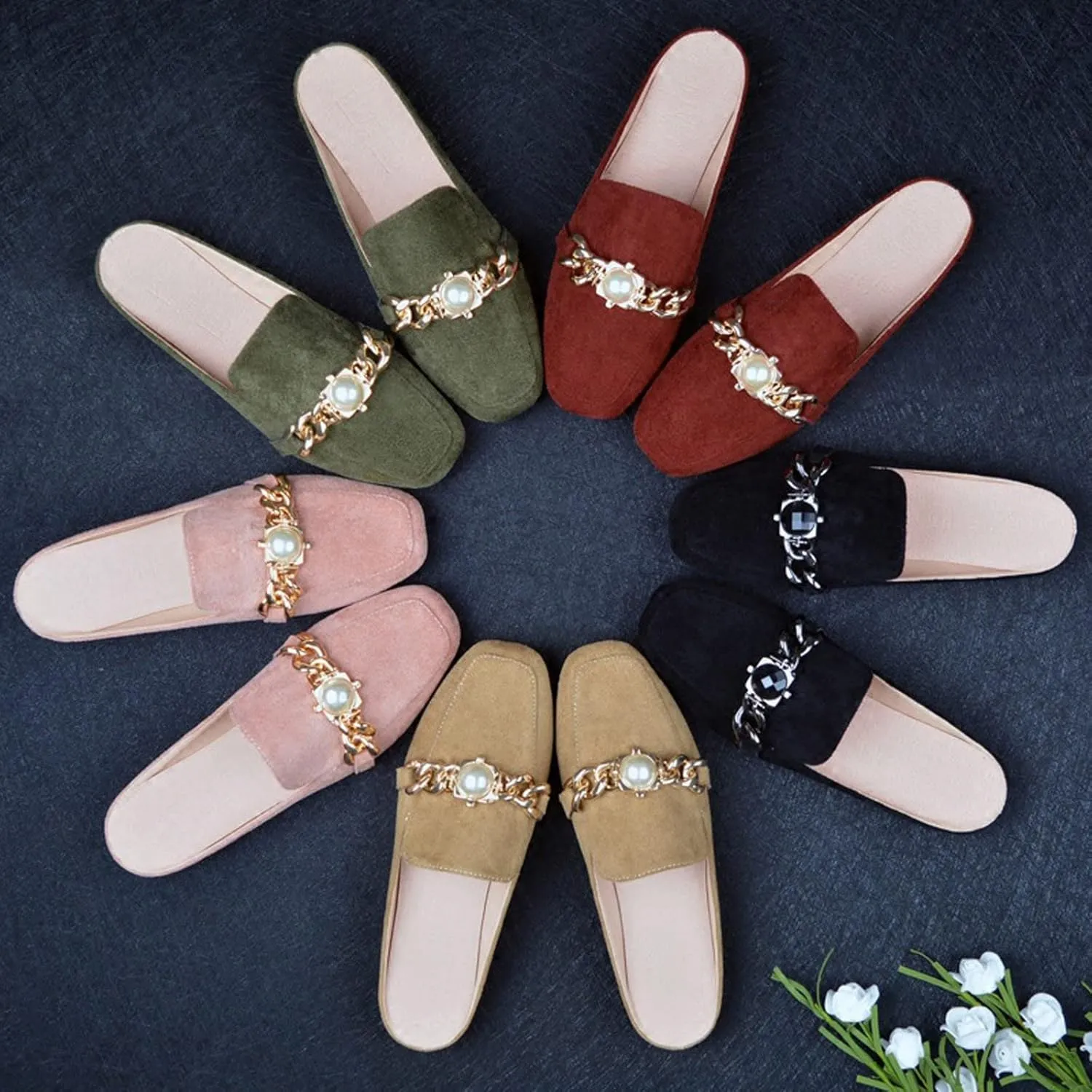 AMDBEL Flats Shoes Women Dressy Comfortable Womens Mules Backless Loafers with Metal Chain Decor Gem Pearl Slip On Flat Shoes