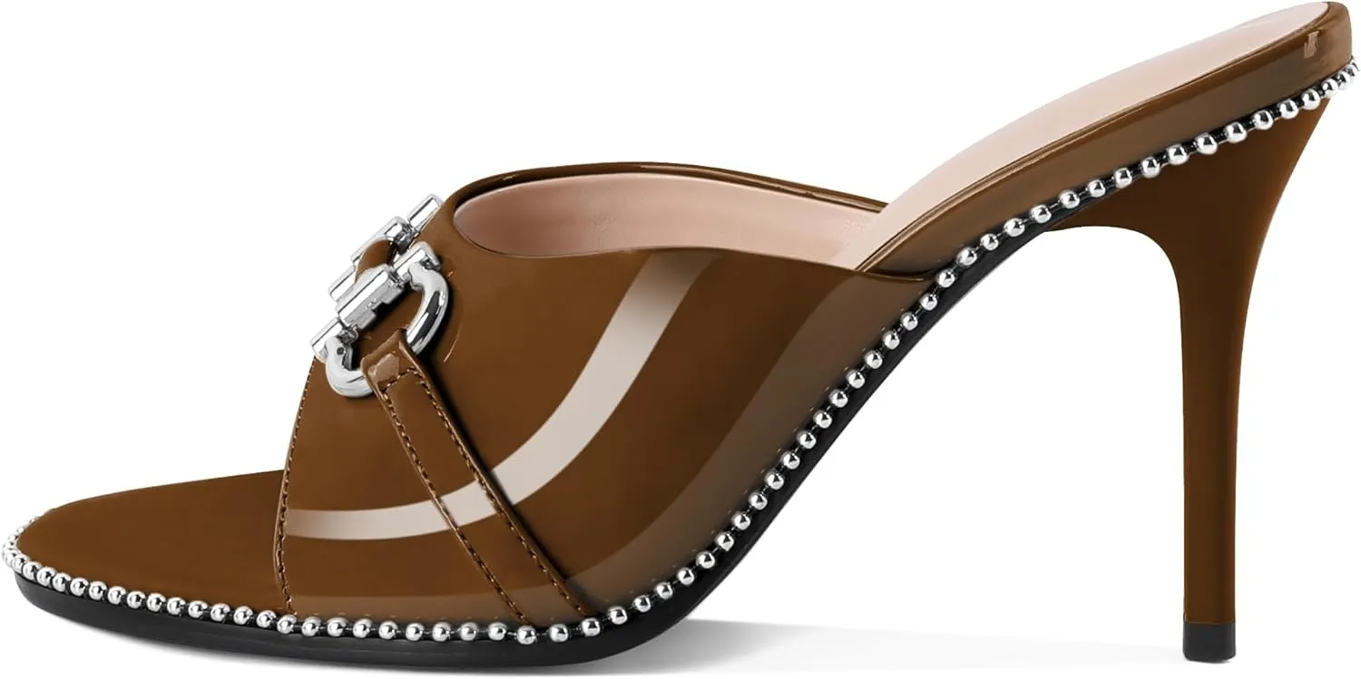 AUMOTED Peep Open Toe Sandals Women Stiletto High Heels Beaded Sandals Slip On Wedding Office Cute Basic Classic 3.1 Inches Summer Heels