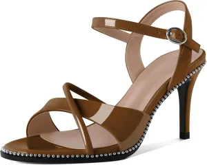 AUMOTED Women Stiletto High Heels Peep Open Toe Sandals Criss Cross Strappy Heels Wedding Office Cute Party Classic 3.1 Inch Summer Heels