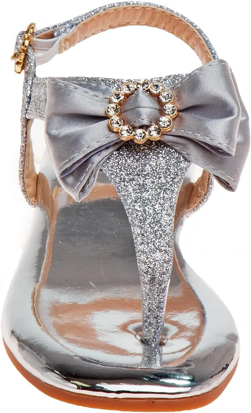 Badgley Mischka Toddler Girls Sandals with Bow - Kid Dress Shoes Slip-On Open Toe Flat Sandal Rhinestone Strappy Glitter (Big Kid/Little Kid) (Black/Silver/RoseGold)