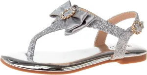 Badgley Mischka Toddler Girls Sandals with Bow - Kid Dress Shoes Slip-On Open Toe Flat Sandal Rhinestone Strappy Glitter (Big Kid/Little Kid) (Black/Silver/RoseGold)