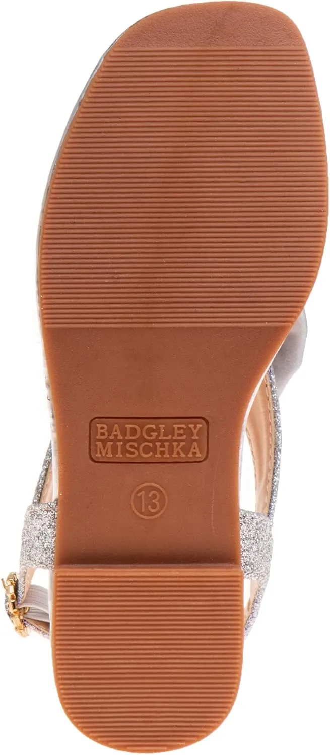 Badgley Mischka Toddler Girls Sandals with Bow - Kid Dress Shoes Slip-On Open Toe Flat Sandal Rhinestone Strappy Glitter (Big Kid/Little Kid) (Black/Silver/RoseGold)