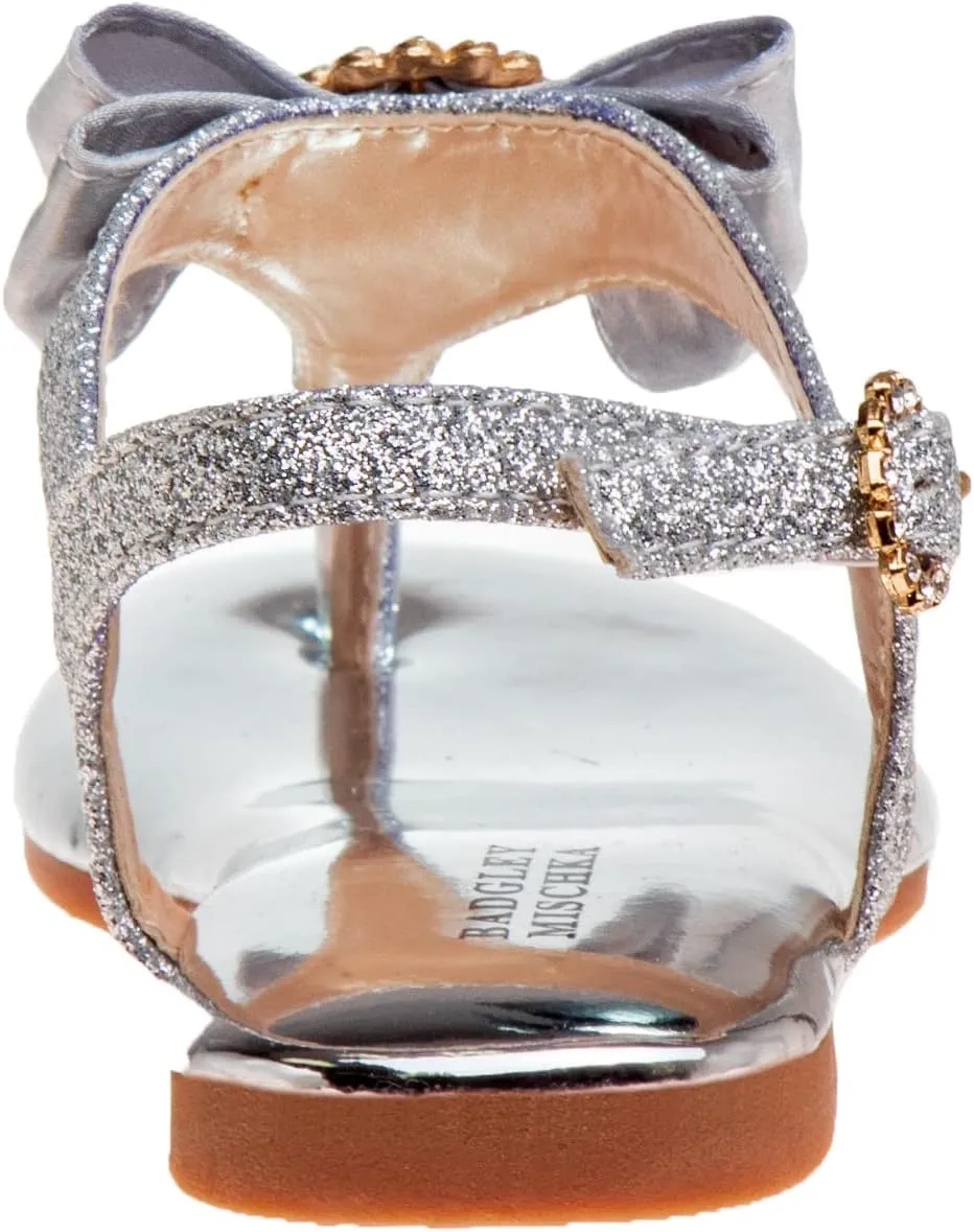 Badgley Mischka Toddler Girls Sandals with Bow - Kid Dress Shoes Slip-On Open Toe Flat Sandal Rhinestone Strappy Glitter (Big Kid/Little Kid) (Black/Silver/RoseGold)