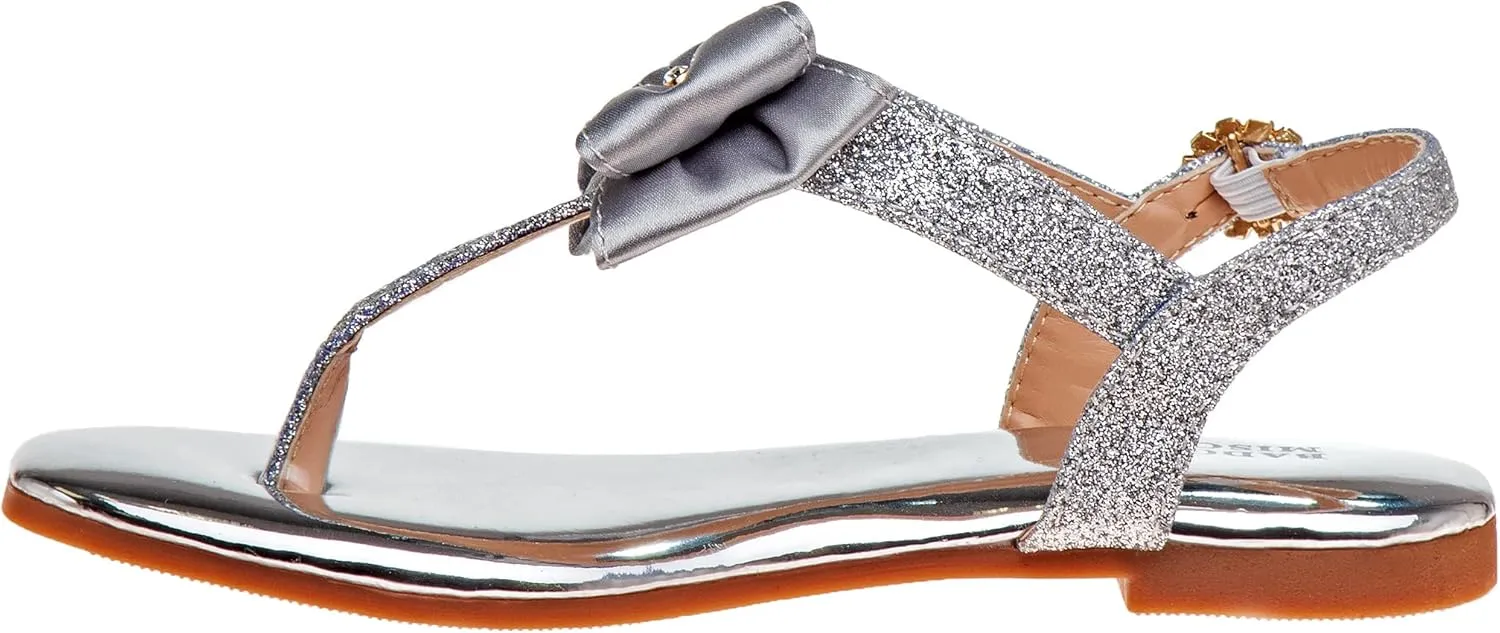 Badgley Mischka Toddler Girls Sandals with Bow - Kid Dress Shoes Slip-On Open Toe Flat Sandal Rhinestone Strappy Glitter (Big Kid/Little Kid) (Black/Silver/RoseGold)