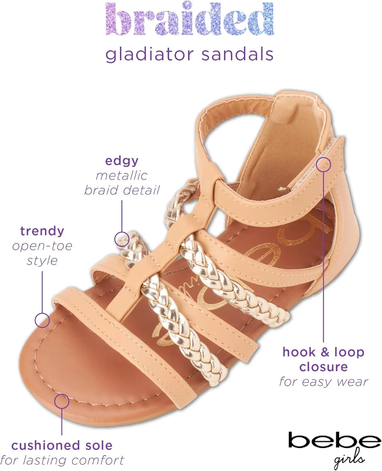 bebe Girls Sandals - Cute Open Toe Braided Strappy Gladiator Summer Sandals, Flower Girl Dress Shoes for Easter Beach Party