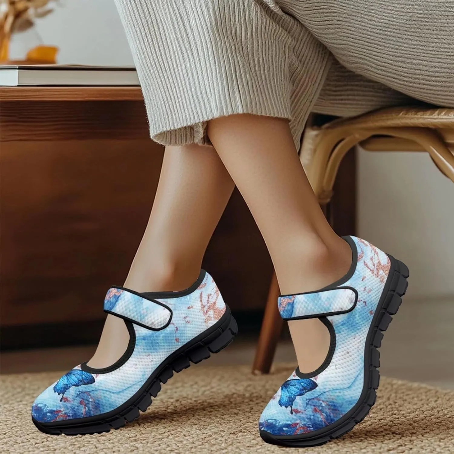 Binienty Women's Ankle Strap Mary Janes Round Toe Mesh Ballet Flats Memory Foam Walking Sneakers