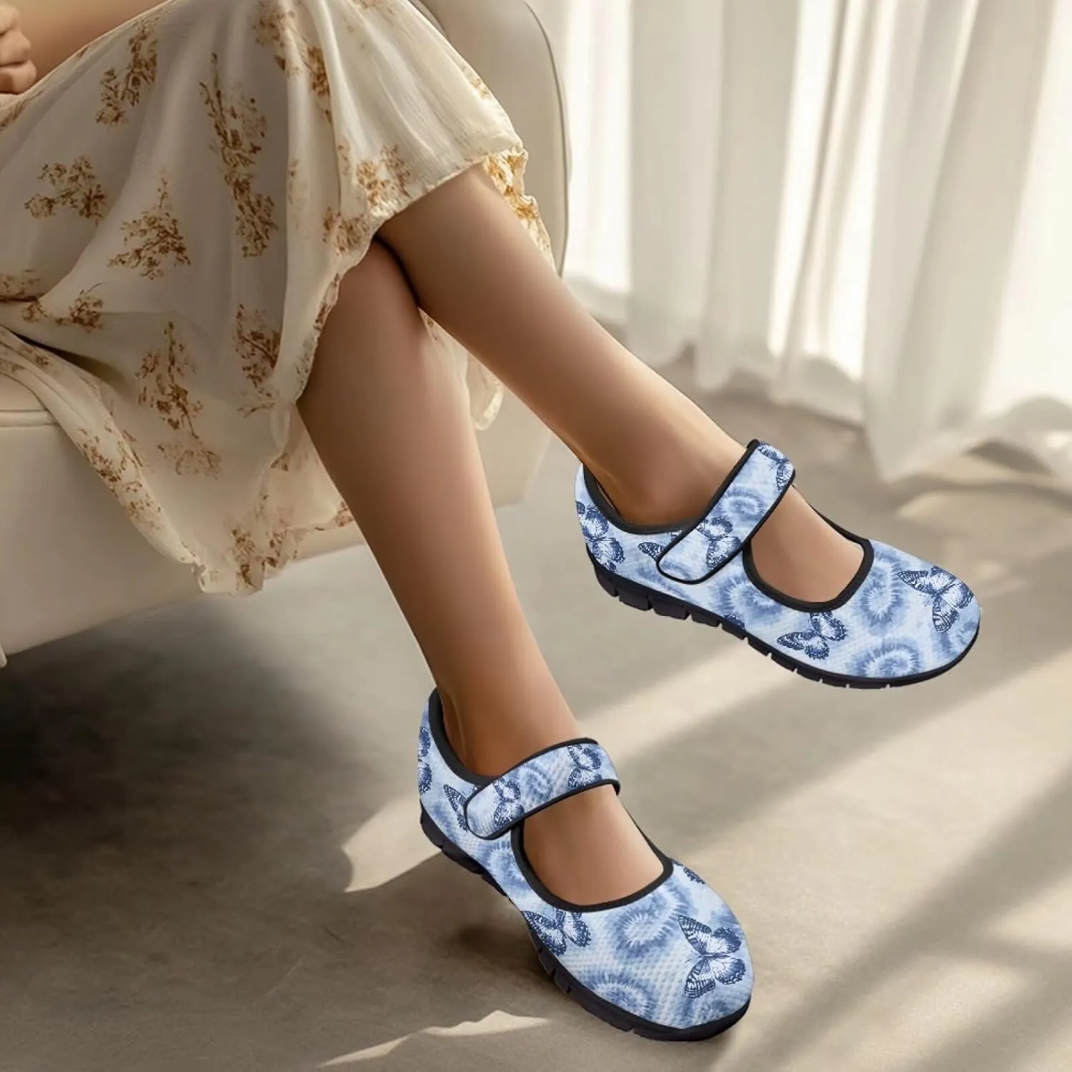 Binienty Women's Ankle Strap Mary Janes Round Toe Mesh Ballet Flats Memory Foam Walking Sneakers