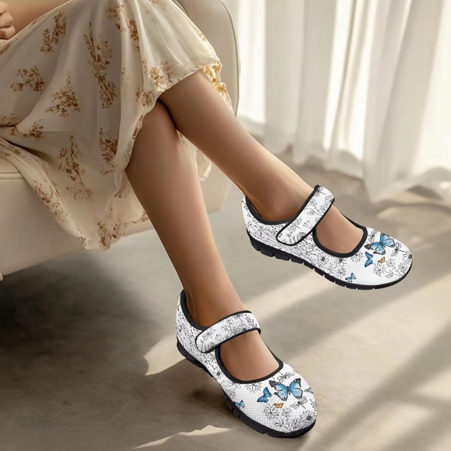 Binienty Women's Ankle Strap Mary Janes Round Toe Mesh Ballet Flats Memory Foam Walking Sneakers