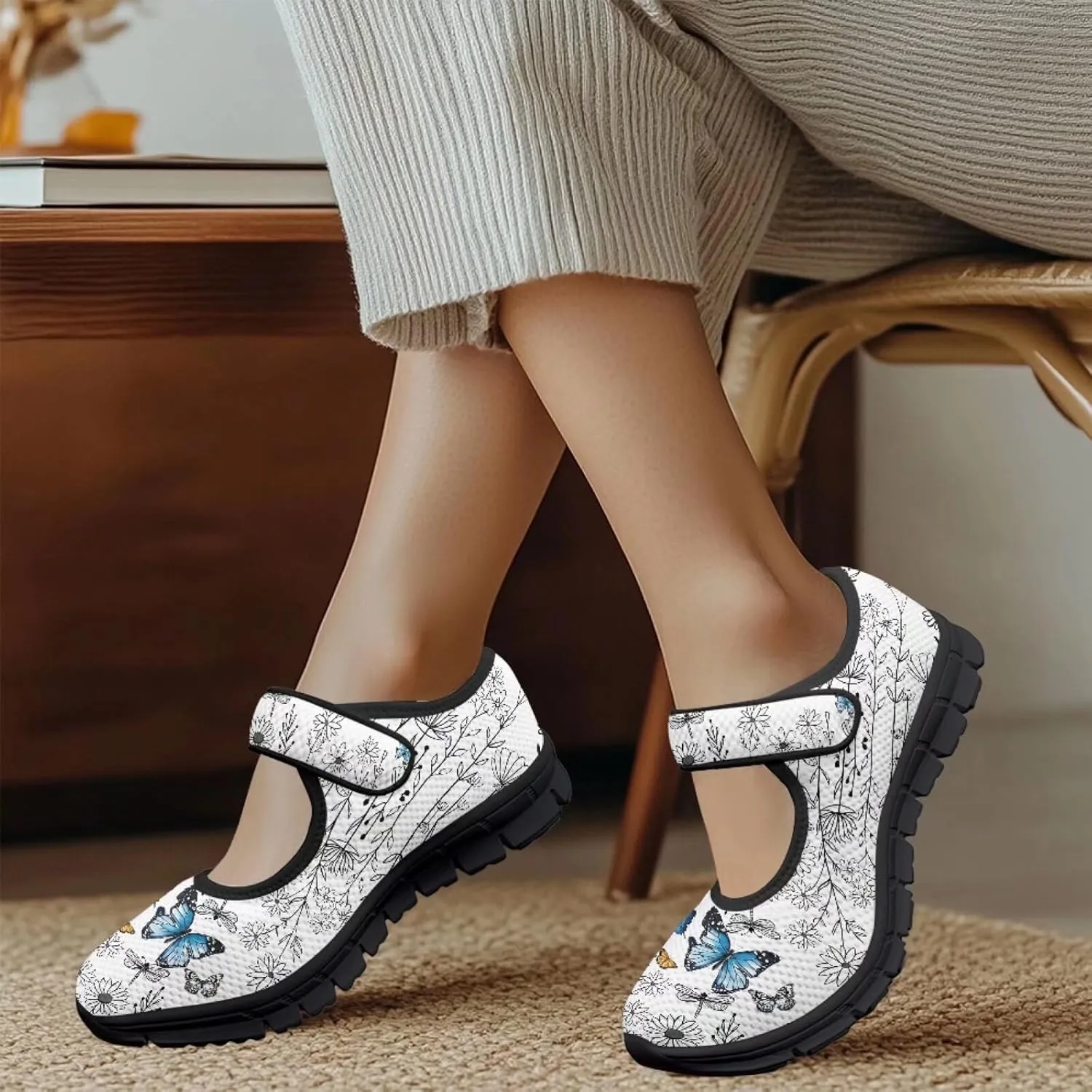 Binienty Women's Ankle Strap Mary Janes Round Toe Mesh Ballet Flats Memory Foam Walking Sneakers