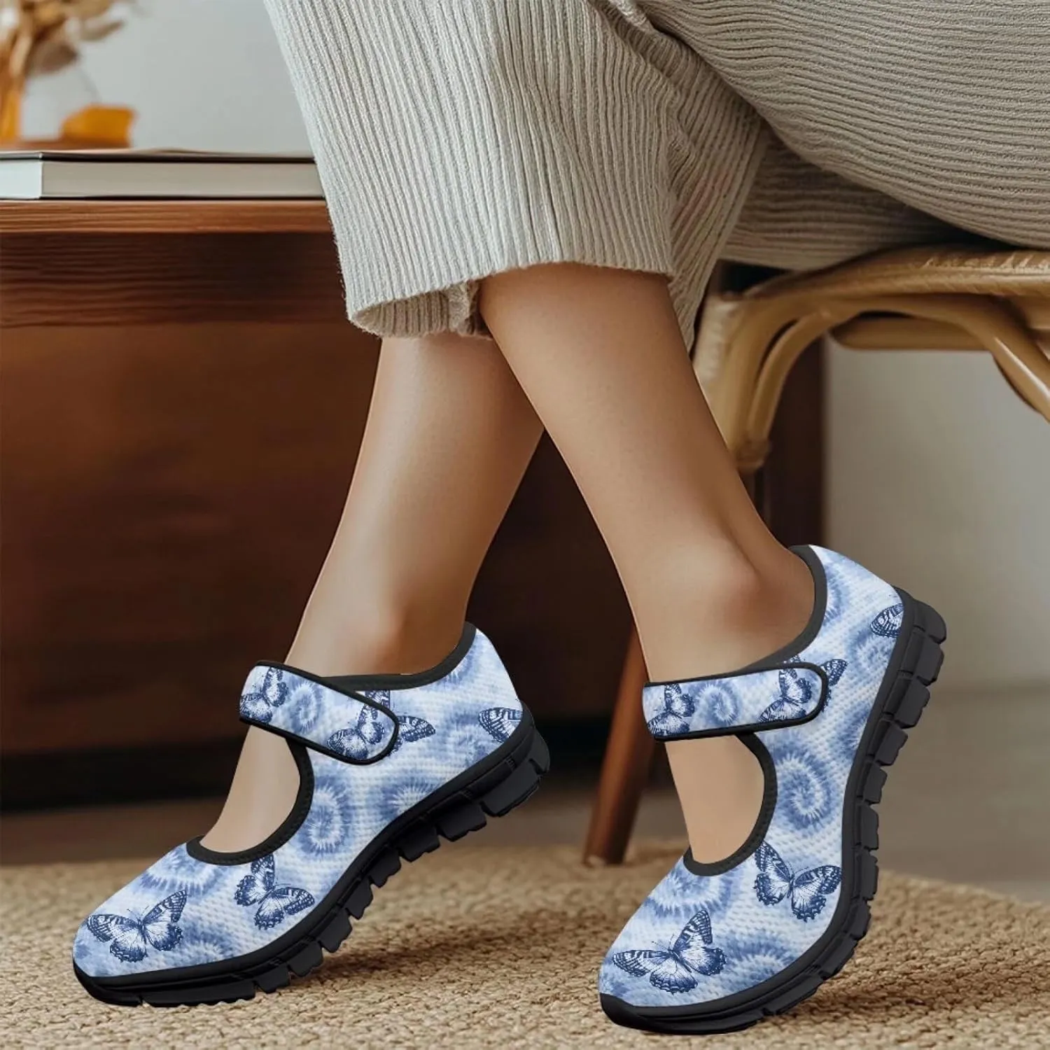 Binienty Women's Ankle Strap Mary Janes Round Toe Mesh Ballet Flats Memory Foam Walking Sneakers