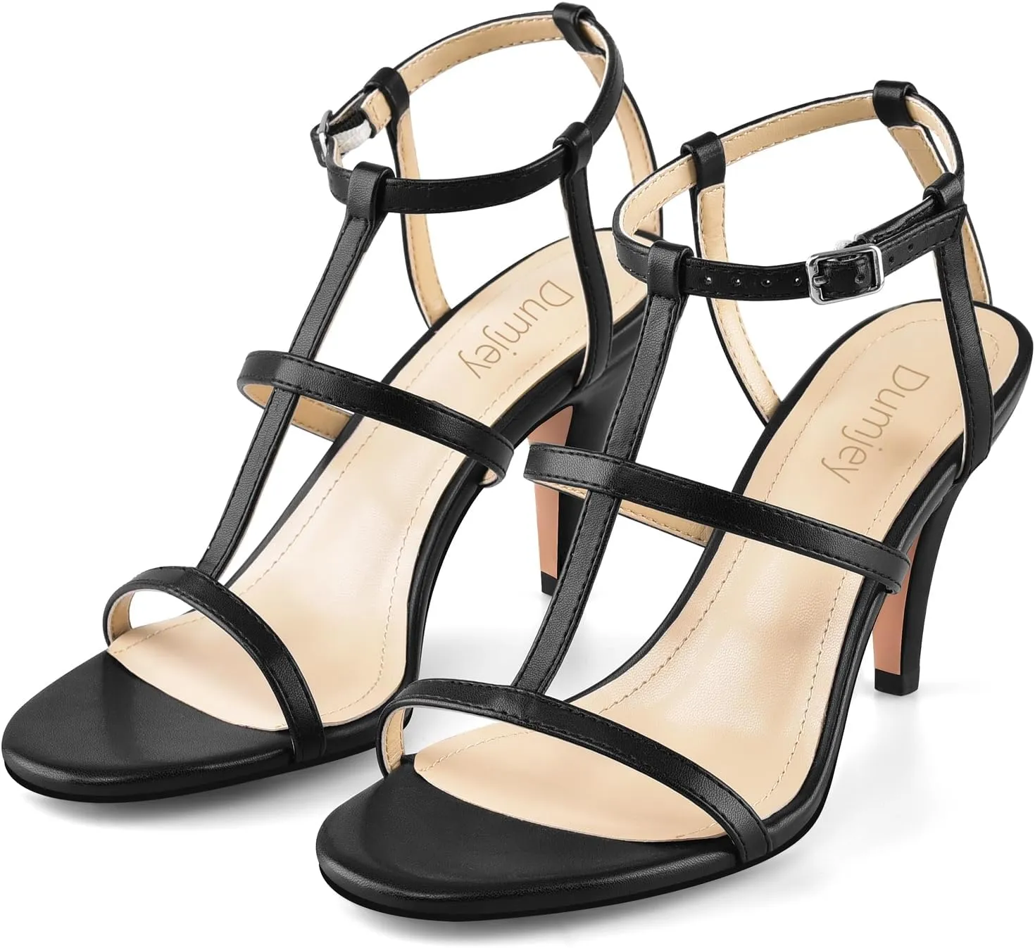 Black Heels, Strappy Heel Sandals, T-strap Heels for Women Open Toe High Heeled Gladiator Dressy Shoes