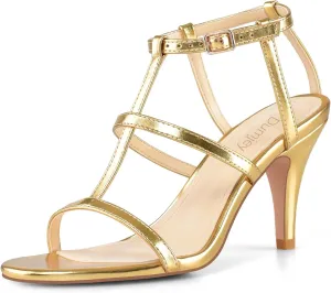 Black Heels, Strappy Heel Sandals, T-strap Heels for Women Open Toe High Heeled Gladiator Dressy Shoes