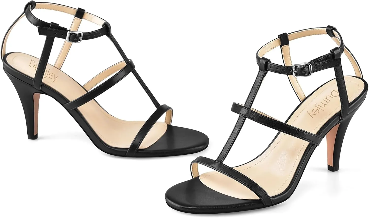Black Heels, Strappy Heel Sandals, T-strap Heels for Women Open Toe High Heeled Gladiator Dressy Shoes