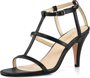 Black Heels, Strappy Heel Sandals, T-strap Heels for Women Open Toe High Heeled Gladiator Dressy Shoes