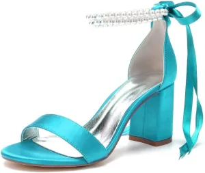 Block Heel Pearl Wedding Shoes for Bride Women Heeled Sandals Bridal Heels Chunky