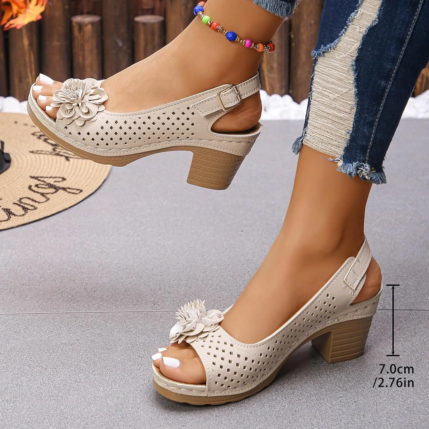 Block Heel Sandals for Women 2025 Comfort Dressy Women's Fish Mouth Flowers Comfortable Hollow Out Slingback Sandals Chunky Block Heel Cut-Out Leather Dress Adjustable Strappy Shoes for Daily Wear