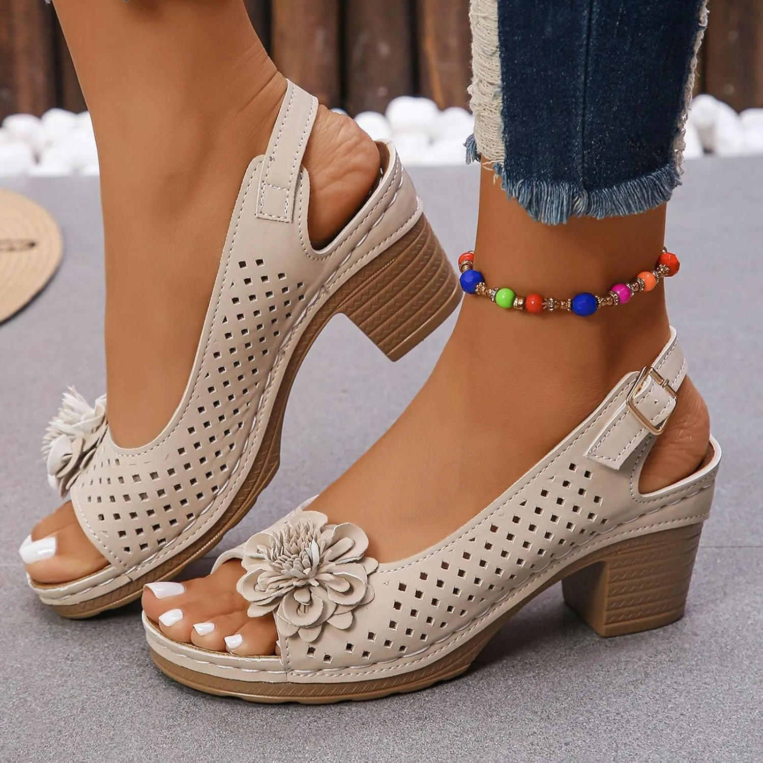 Block Heel Sandals for Women 2025 Comfort Dressy Women's Fish Mouth Flowers Comfortable Hollow Out Slingback Sandals Chunky Block Heel Cut-Out Leather Dress Adjustable Strappy Shoes for Daily Wear