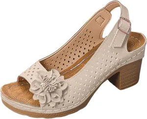 Block Heel Sandals for Women 2025 Comfort Dressy Women's Fish Mouth Flowers Comfortable Hollow Out Slingback Sandals Chunky Block Heel Cut-Out Leather Dress Adjustable Strappy Shoes for Daily Wear