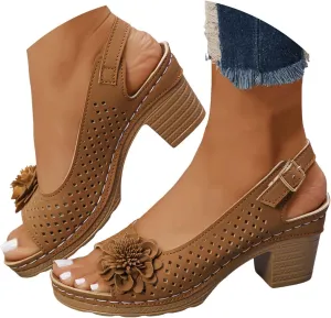Block Heel Sandals for Women 2025 Open Toe Ankle Strap Chunky High Heels Sandals Shoes Solid Color Hollow Out Floral Decor Summer Fashion Casual Slingback Beach Travel Footwear for Daily Wear
