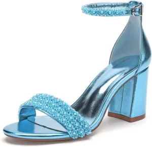 Block Heel Wedding Shoes for Bride Open Toe Pearl Bridal Shoes Wedding Heeled Sandals