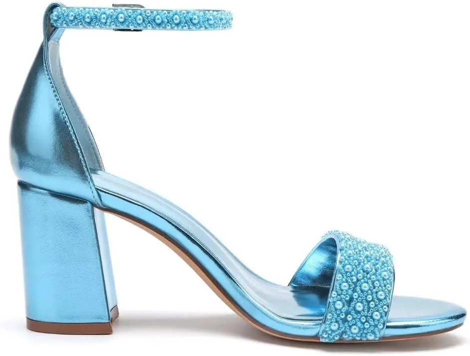 Block Heel Wedding Shoes for Bride Open Toe Pearl Bridal Shoes Wedding Heeled Sandals
