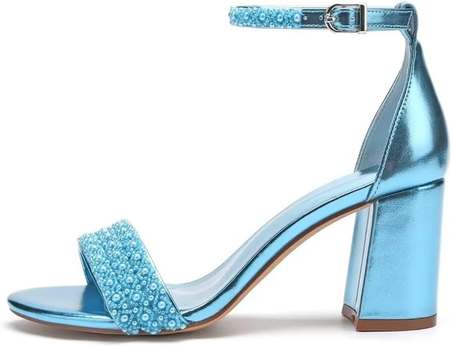 Block Heel Wedding Shoes for Bride Open Toe Pearl Bridal Shoes Wedding Heeled Sandals