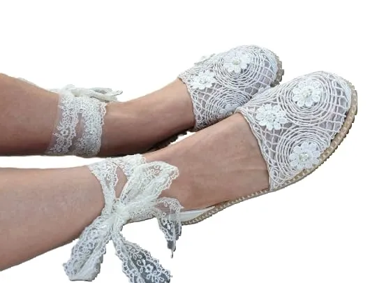 Boho Ivory Lace Flat Wedding Shoes for Women, White, Lace-Up Design (7 US)