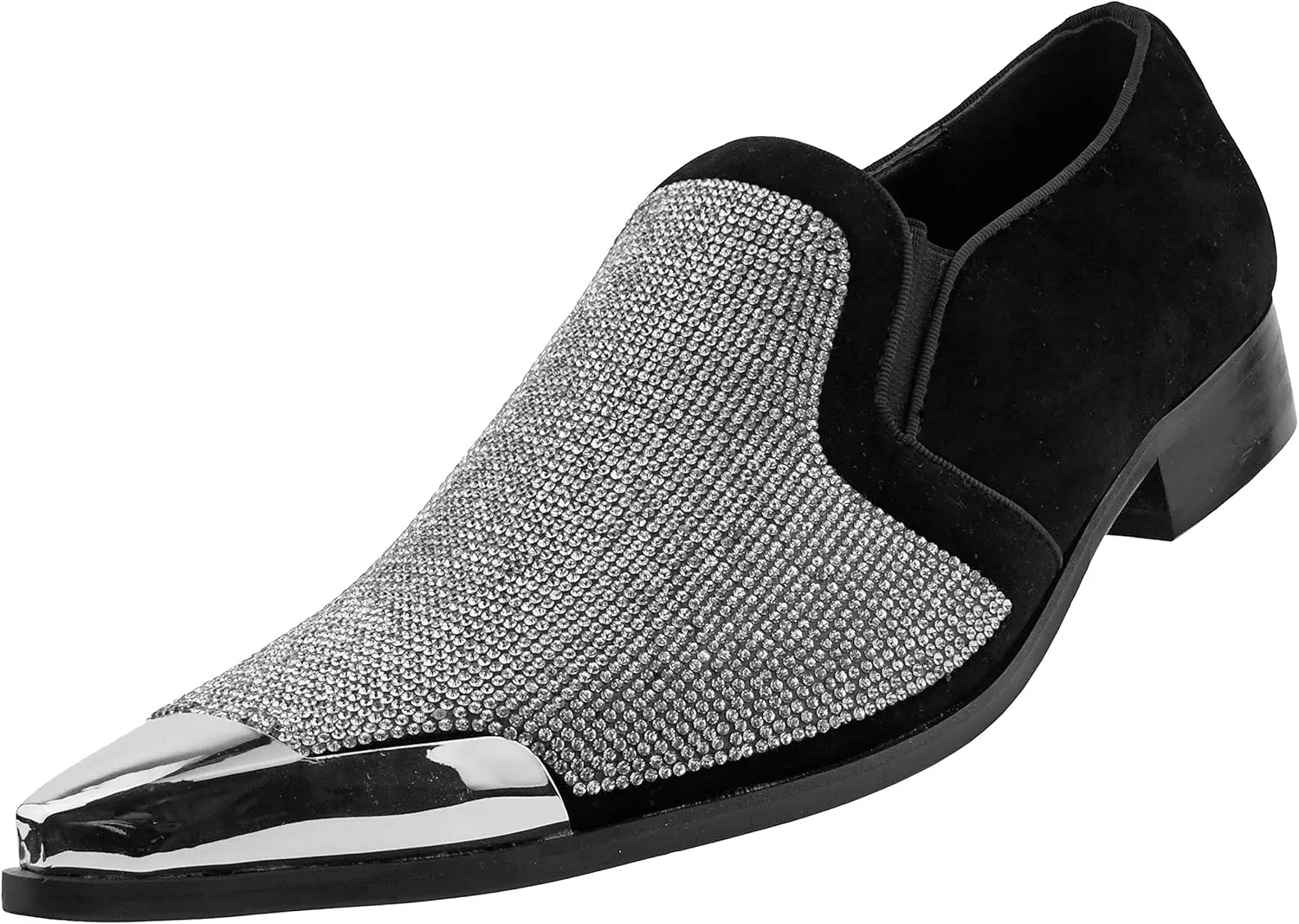 Bolano x Amali Men's Dress Loafers with Rhinestones, Slip-On, Tuxedo Loafer Shoes for Men, Pointed Toe with Metal Tip, Size Up
