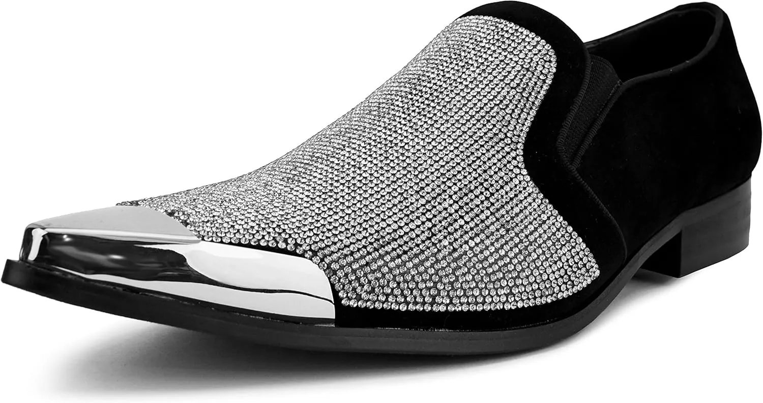 Bolano x Amali Men's Dress Loafers with Rhinestones, Slip-On, Tuxedo Loafer Shoes for Men, Pointed Toe with Metal Tip, Size Up