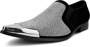 Bolano x Amali Men's Dress Loafers with Rhinestones, Slip-On, Tuxedo Loafer Shoes for Men, Pointed Toe with Metal Tip, Size Up
