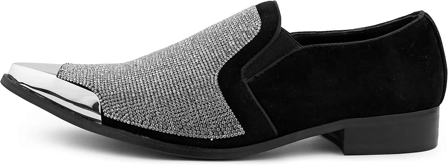 Bolano x Amali Men's Dress Loafers with Rhinestones, Slip-On, Tuxedo Loafer Shoes for Men, Pointed Toe with Metal Tip, Size Up