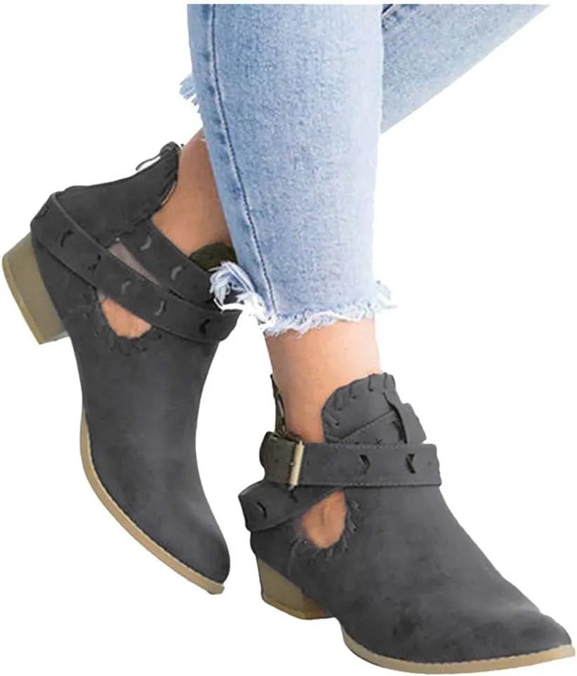 Booties for Women Flat,Womens Ruffled Ankle Boots Low Chunky Block Stacked Heel Boots Slip On Pointed Toe Western Shoes