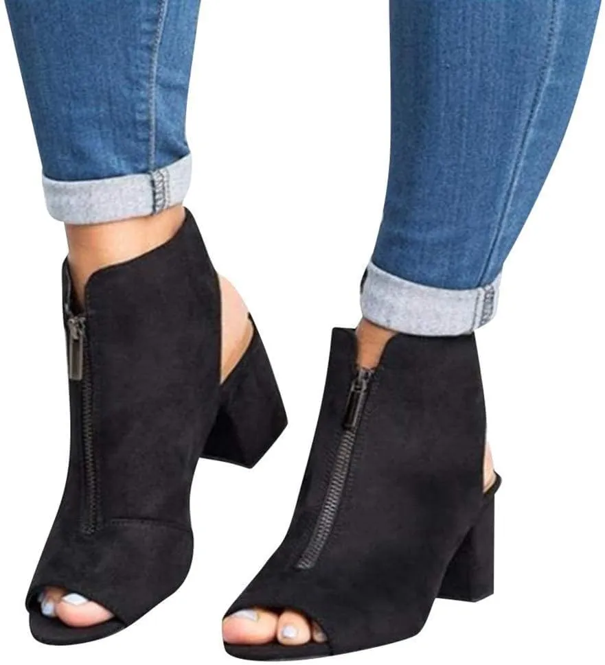 BORAMAX Womens Open Toe Heel Sandals,Fashion Cutout Side Strap Zipper Chunky Heel Sandals Slip On Ankle Backless Booties
