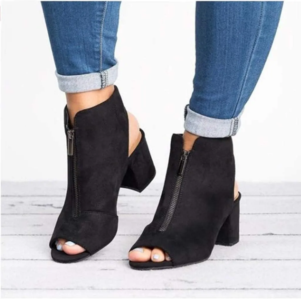 BORAMAX Womens Open Toe Heel Sandals,Fashion Cutout Side Strap Zipper Chunky Heel Sandals Slip On Ankle Backless Booties