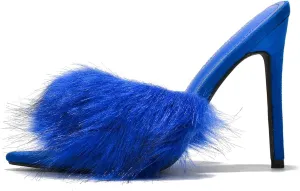 Cape Robbin Fuji Faux Fur Open Pointy Toe Stiletto Mule Heel Sandal-Open Peep Toe Slip on Stiletto High Heels Sandals for women