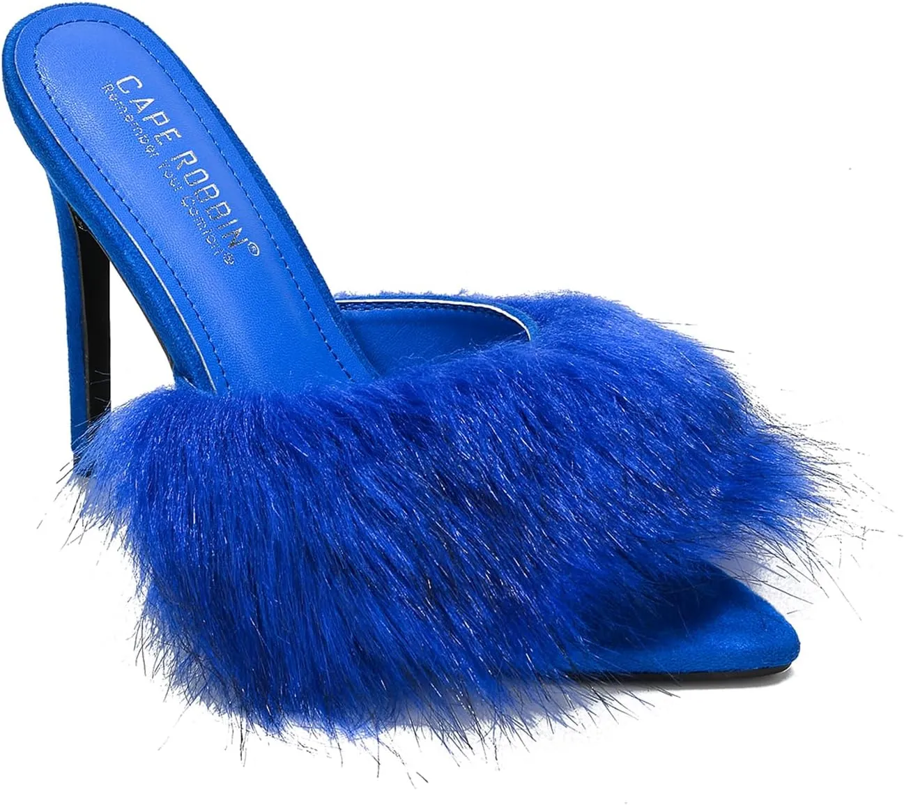 Cape Robbin Fuji Faux Fur Open Pointy Toe Stiletto Mule Heel Sandal-Open Peep Toe Slip on Stiletto High Heels Sandals for women