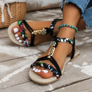 Casual Boho Beach Sandals with Ankle Strap 2025, Summer Orthopedic Wedge Sandals for Women Flip Flops Open Toe Beach Flat Sandals 2025