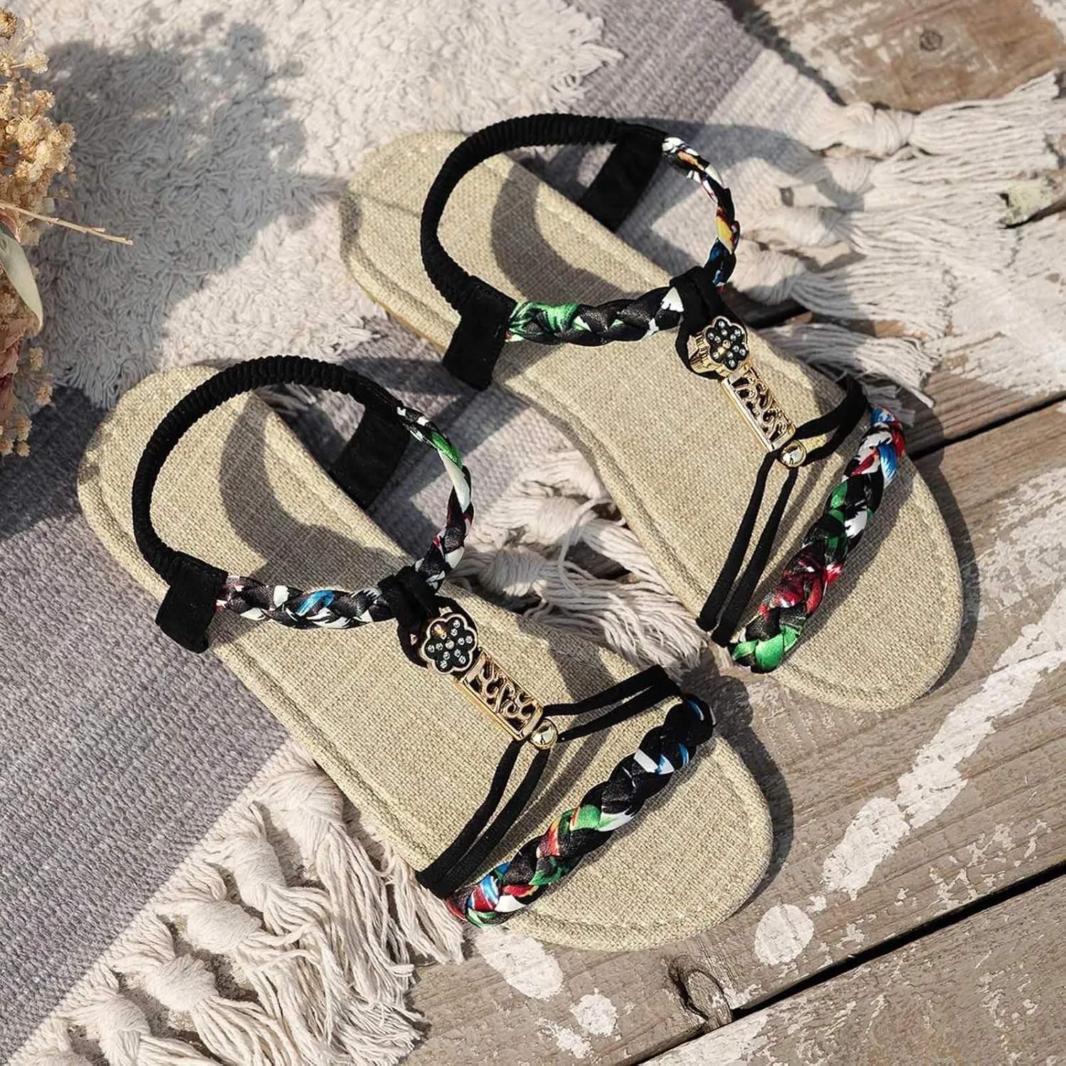 Casual Boho Beach Sandals with Ankle Strap 2025, Summer Orthopedic Wedge Sandals for Women Flip Flops Open Toe Beach Flat Sandals 2025