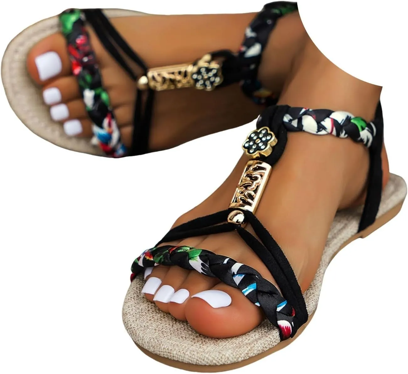 Casual Boho Beach Sandals with Ankle Strap 2025, Summer Orthopedic Wedge Sandals for Women Flip Flops Open Toe Beach Flat Sandals 2025